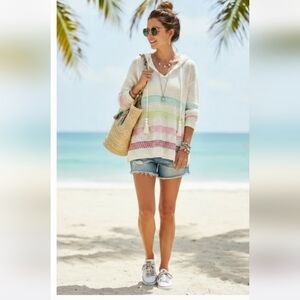 Christopher & Banks Beachy V-Neck Crochet Sweater with Pastel Stripes